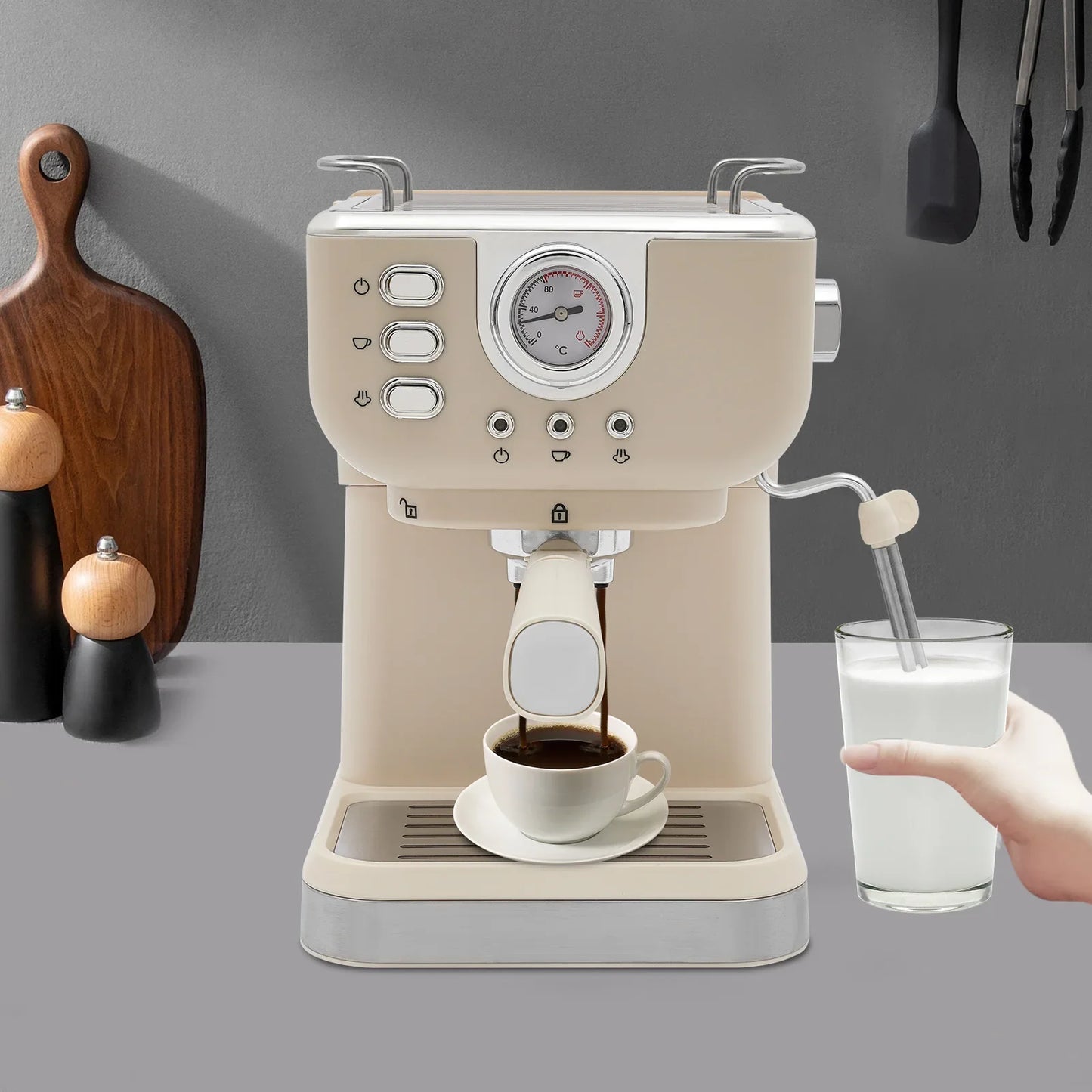 High-Quality PP Semi-Auto Coffee Maker, 1.5L Tank, 20Bar Pressure, Milk Frothing, Cup-Warming, Home & Office Use