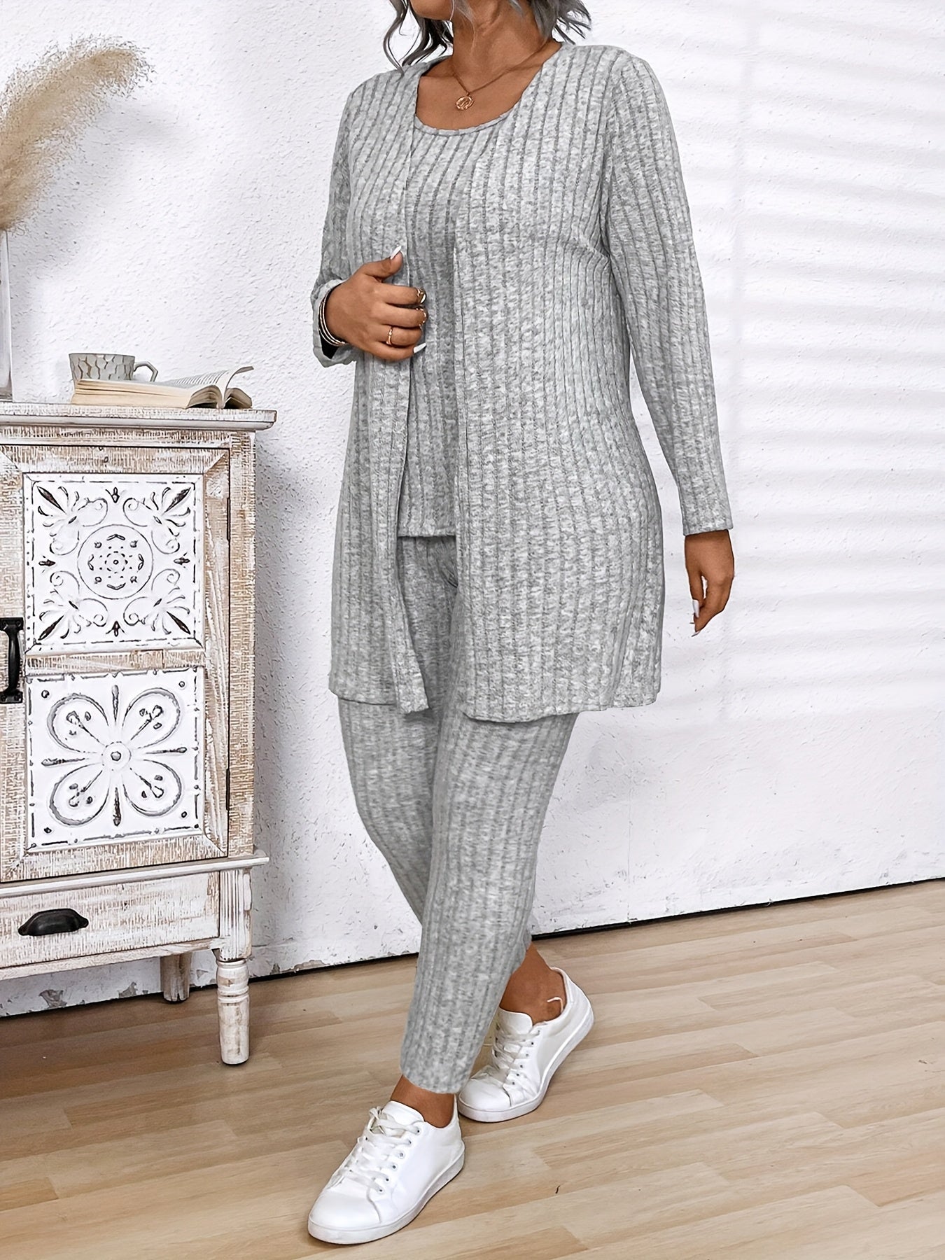 Grande Taille - Grande Taille - Ensemble 3 pièces Grande Taille Femme en Coton Côtelé Gris : Cardigan, Gilet et Leggings - Vêtement d'Hiver Confortable et Décontracté avec Cordon de Serrage à la Taille, Manches Longues et Coupe Slim pour le Travail et la