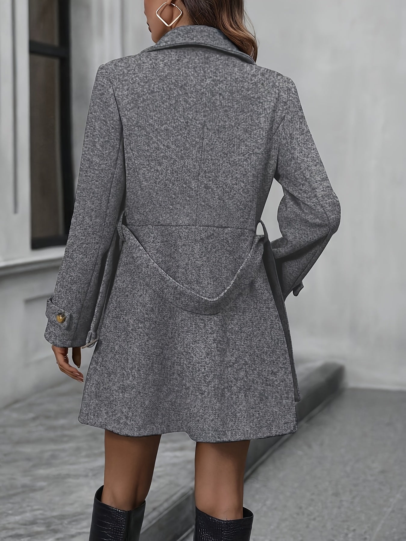 Manteau en tweed gris double boutonné pour femme - Élégant coupe-vent d'automne/hiver avec ceinture, manches longues et poches latérales pour le bureau, les trajets ou les sorties, vêtements d'hiver, manteau à taille ceinturée, épaules structurées