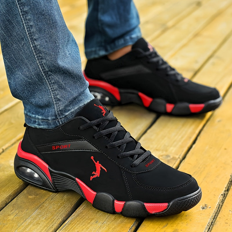 Chaussures de sport homme à coussin d'air - Tissu respirant mesh et PU, design géométrique, fermeture à lacets, couleur noire/blanche, confortables pour course en extérieur, marche et tenue décontractée | Look athlétique | Chaussures ajustées et confortab