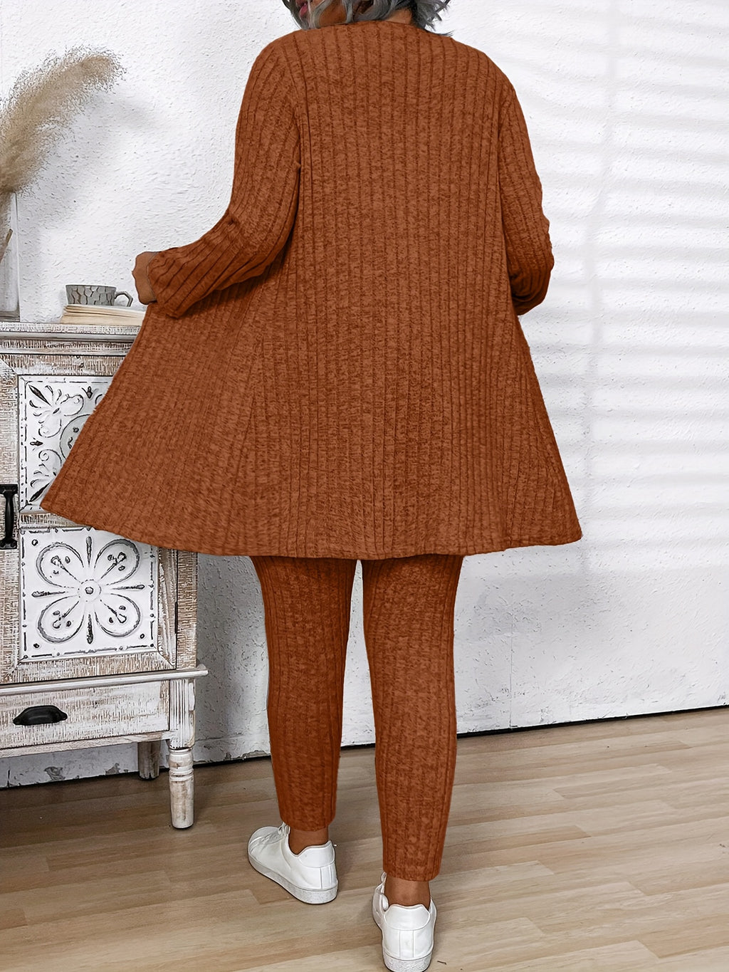 Grande Taille - Grande Taille - Ensemble 3 pièces Grande Taille Femme en Coton Côtelé Gris : Cardigan, Gilet et Leggings - Vêtement d'Hiver Confortable et Décontracté avec Cordon de Serrage à la Taille, Manches Longues et Coupe Slim pour le Travail et la