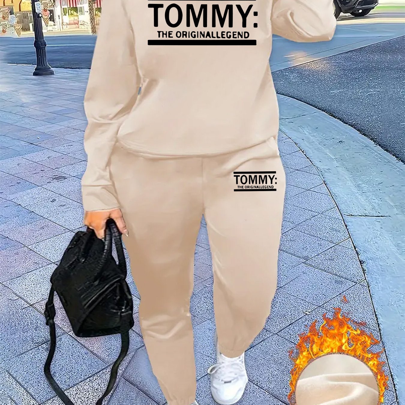 Ensemble décontracté deux pièces pour femmes avec imprimé "Tommy" - Sweat-shirt à manches longues et col rond, jogging, rose, confort toutes saisons, coupe standard, 16-50 ans, vêtements décontractés | Imprimé joyeux | Coupe confortable, ensemble de pulls