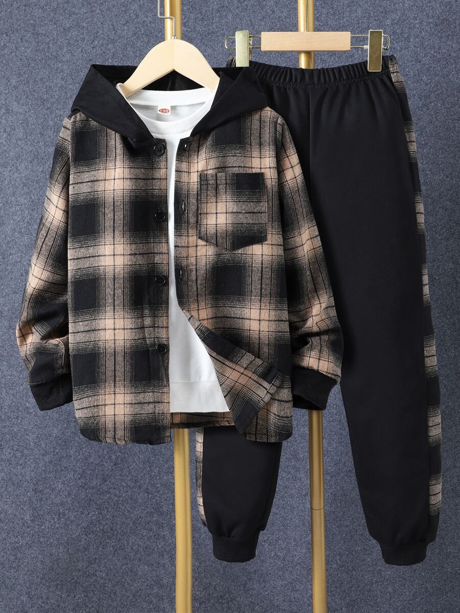 1 pièce Chemise à capuche boutonnée à carreaux pour garçon adolescent et 1 pièce Pantalon de survêtement