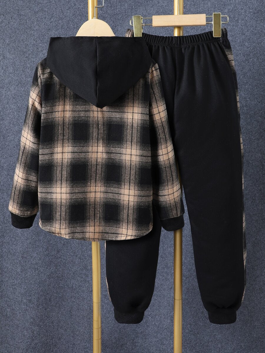 1 pièce Chemise à capuche boutonnée à carreaux pour garçon adolescent et 1 pièce Pantalon de survêtement