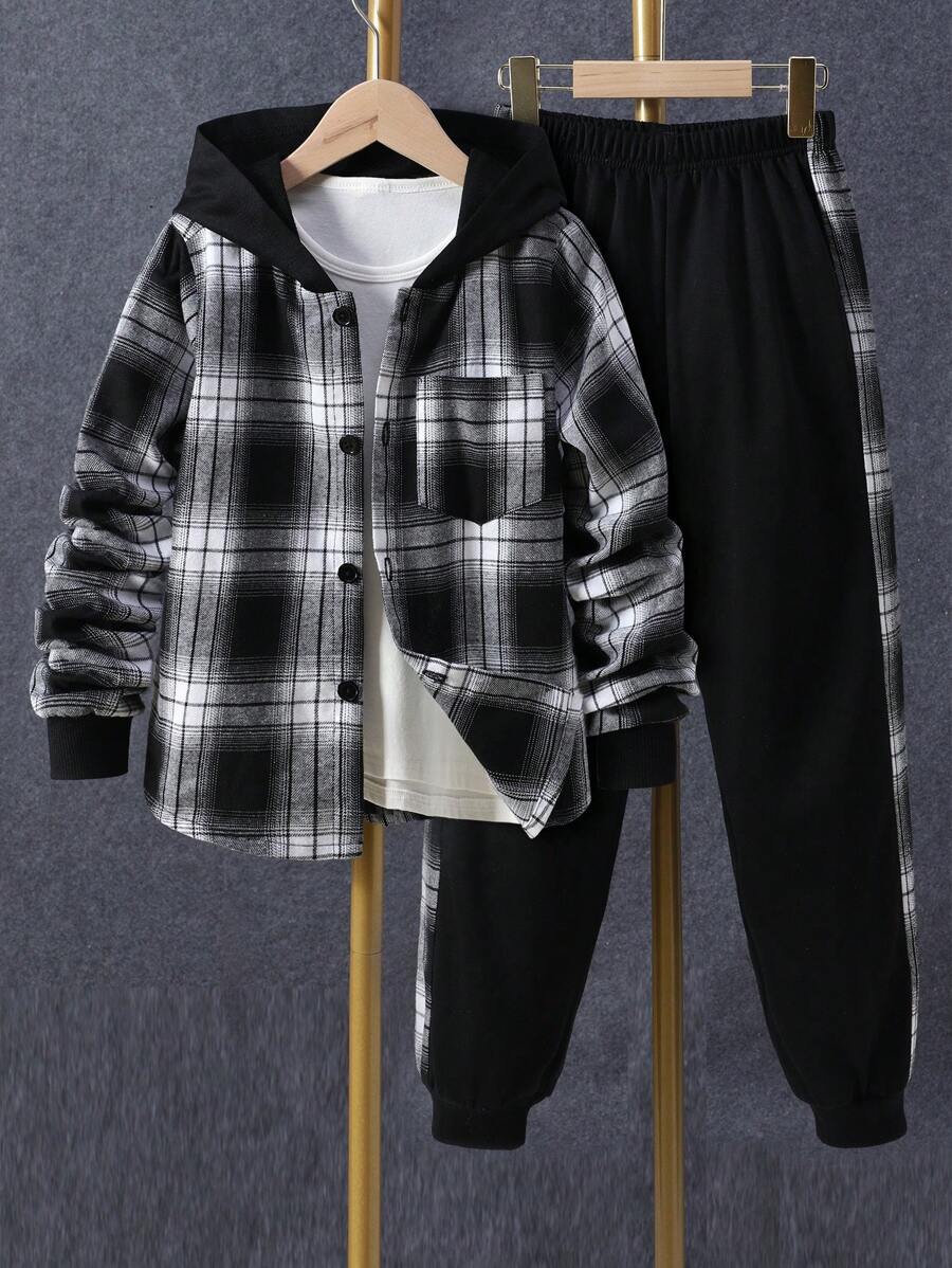 1 pièce Chemise à capuche boutonnée à carreaux pour garçon adolescent et 1 pièce Pantalon de survêtement