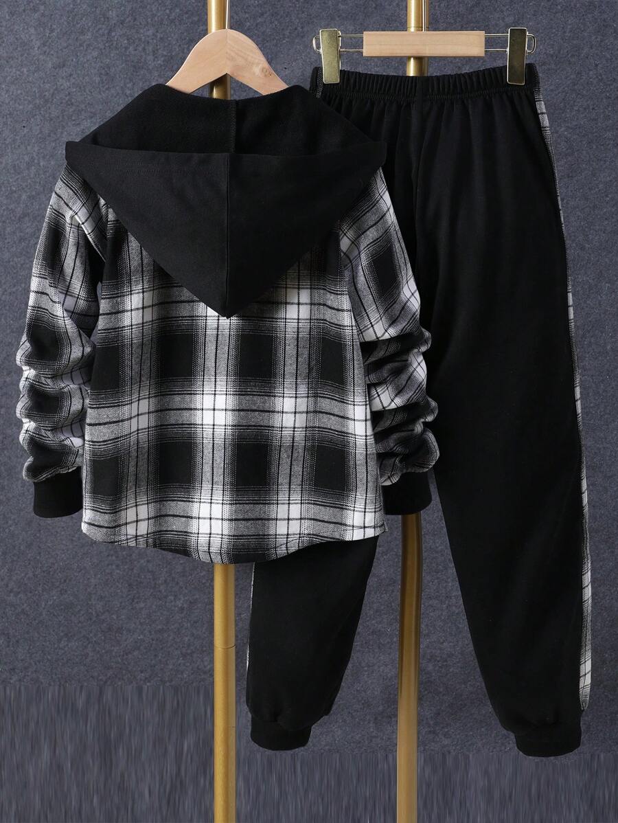 1 pièce Chemise à capuche boutonnée à carreaux pour garçon adolescent et 1 pièce Pantalon de survêtement