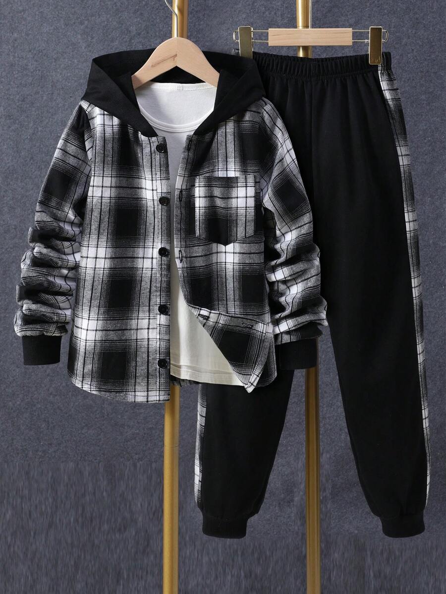 1 pièce Chemise à capuche boutonnée à carreaux pour garçon adolescent et 1 pièce Pantalon de survêtement