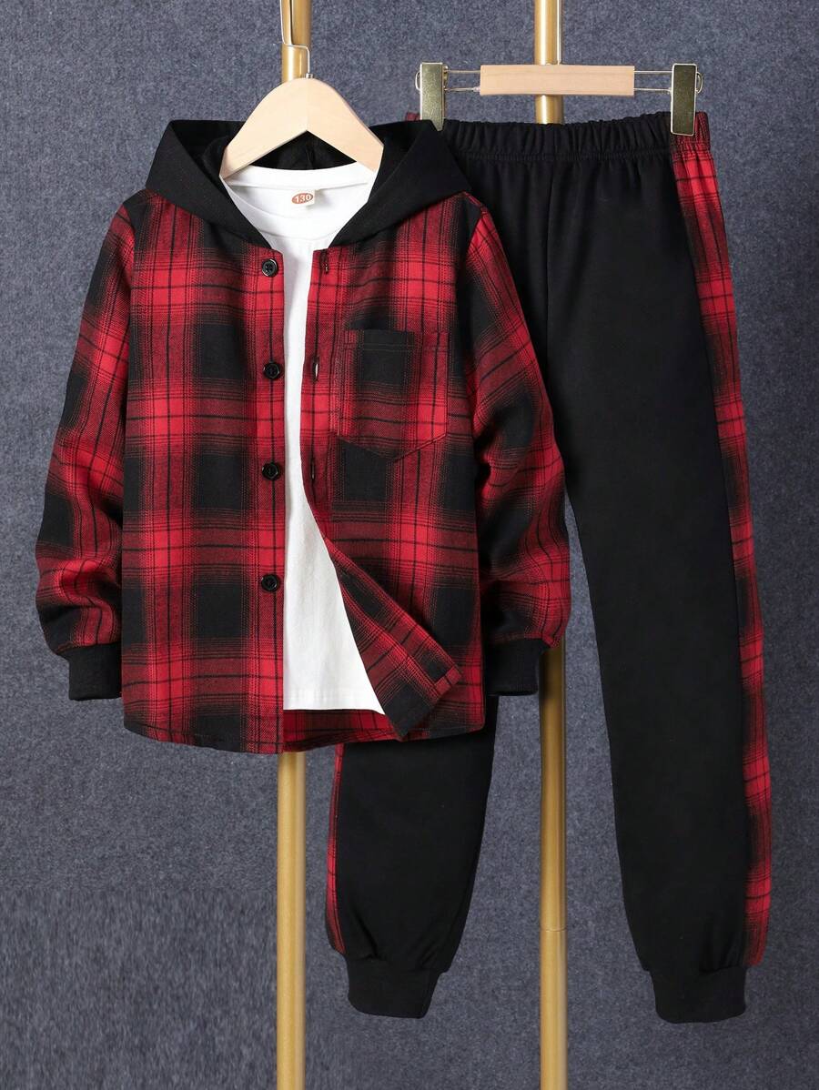 1 pièce Chemise à capuche boutonnée à carreaux pour garçon adolescent et 1 pièce Pantalon de survêtement