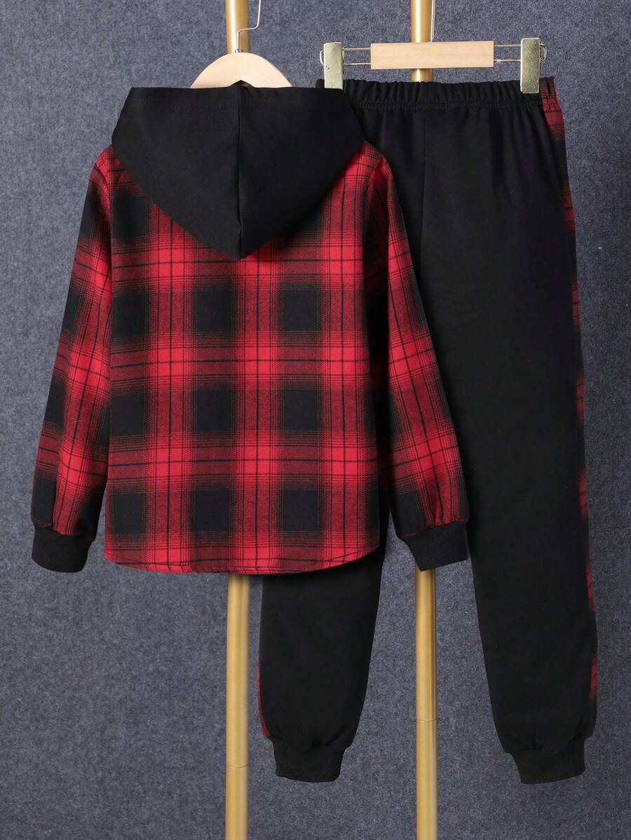 1 pièce Chemise à capuche boutonnée à carreaux pour garçon adolescent et 1 pièce Pantalon de survêtement