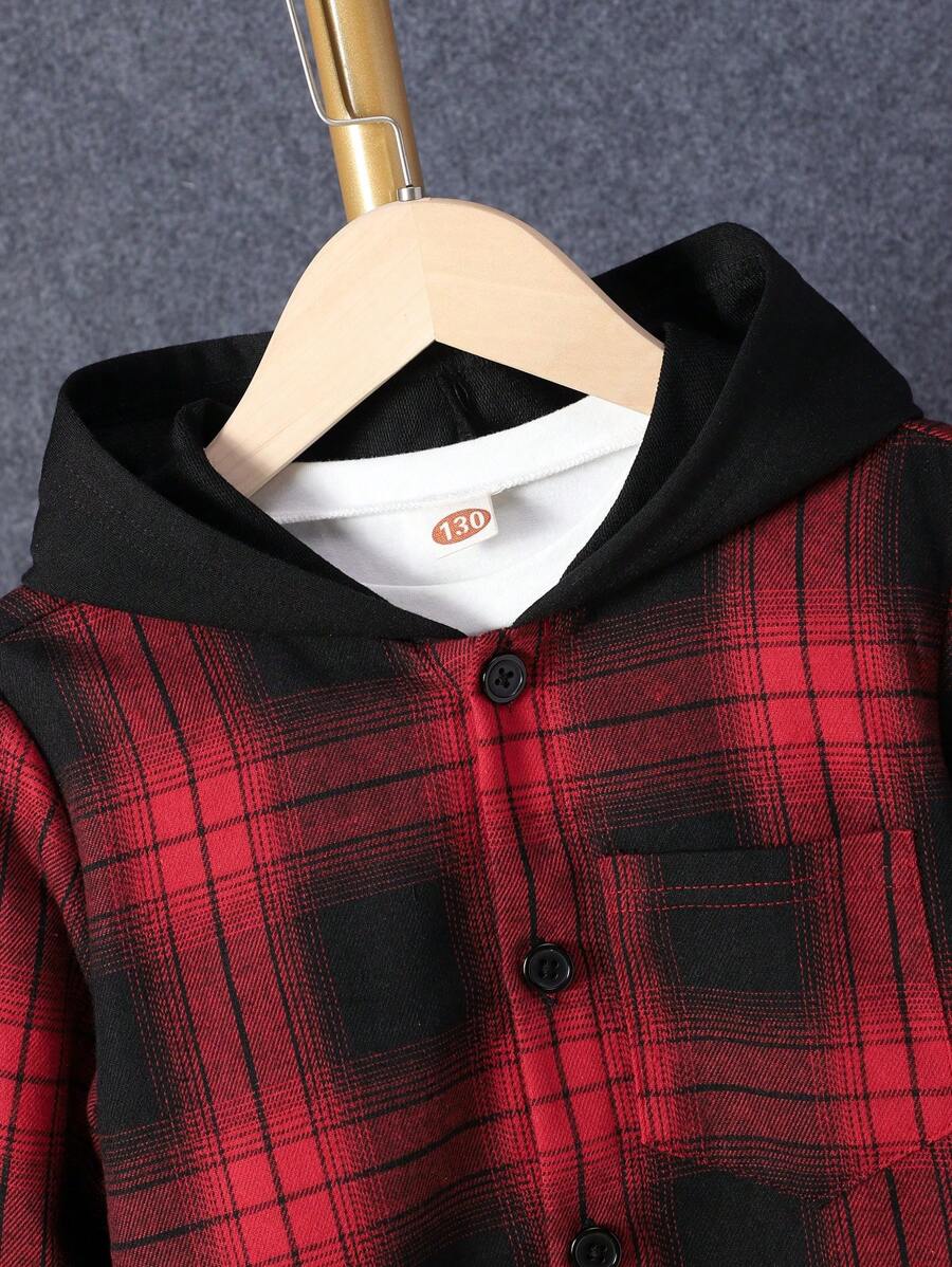 1 pièce Chemise à capuche boutonnée à carreaux pour garçon adolescent et 1 pièce Pantalon de survêtement