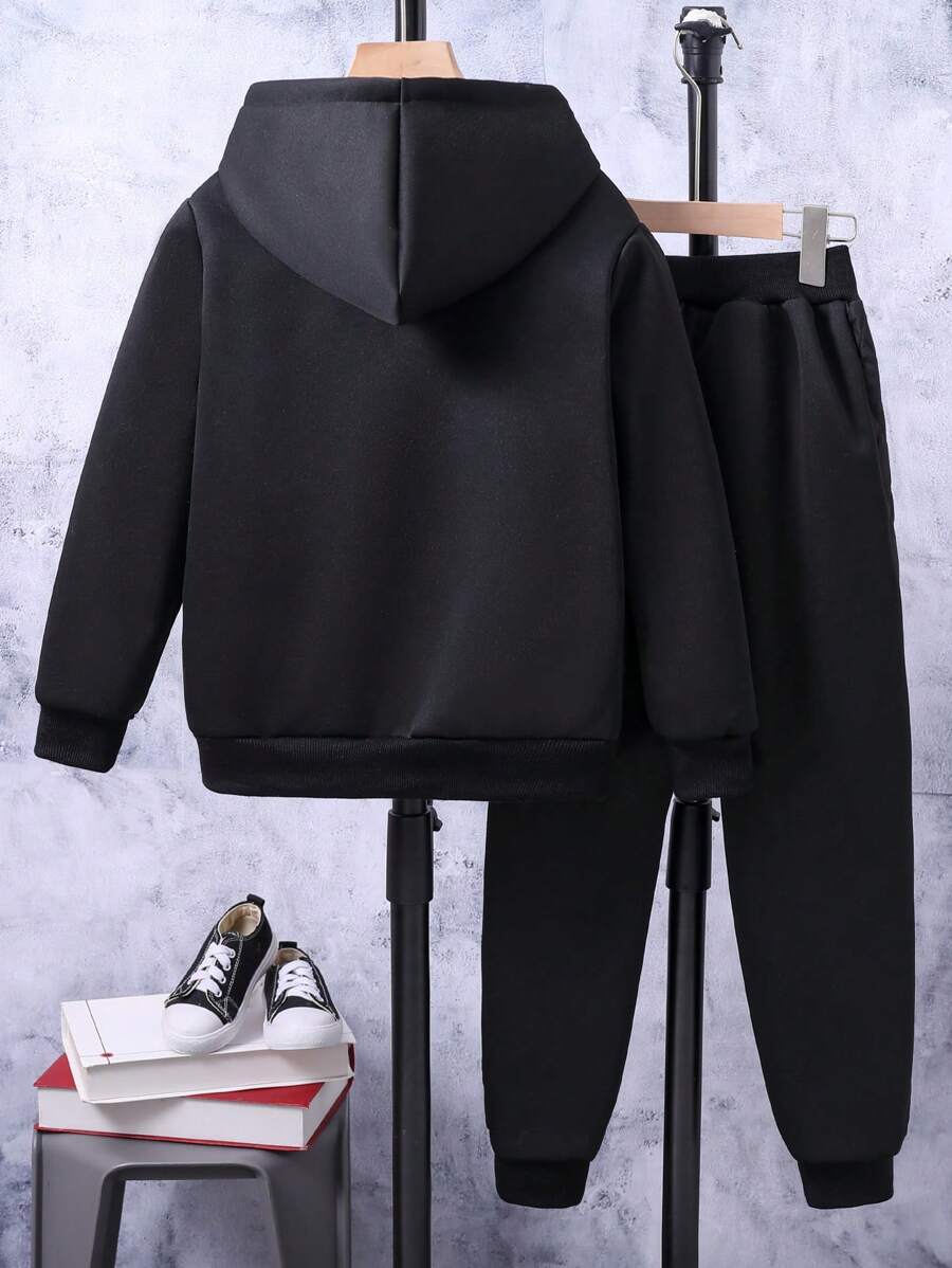 Adolescent Garçon Pantalon De Survêtement & Sweat-shirt À Capuche À Lettres À Poche Kangourou À Doublure Thermique