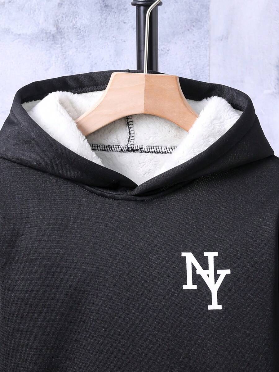 Adolescent Garçon Pantalon De Survêtement & Sweat-shirt À Capuche À Lettres À Poche Kangourou À Doublure Thermique
