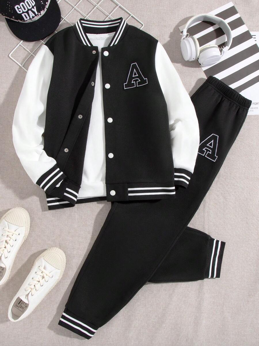 Veste Deux Pièces Pour Garçon Préadolescent Avec Patchs De Lettres Cool Pour L'automne / L'hiver