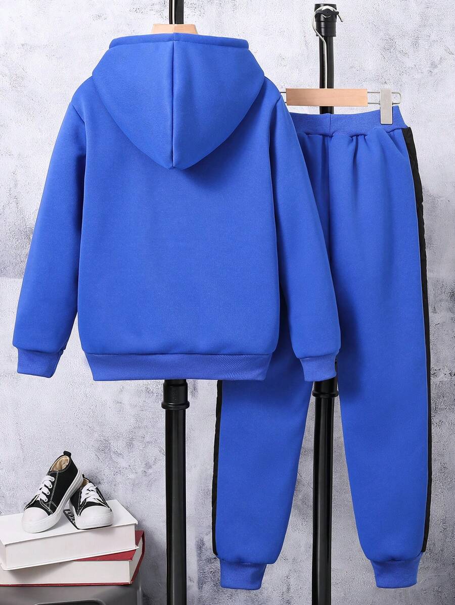 Adolescent Garçon Pantalon De Survêtement & Sweat-shirt À Capuche À Lettres À Poche Kangourou À Doublure Thermique