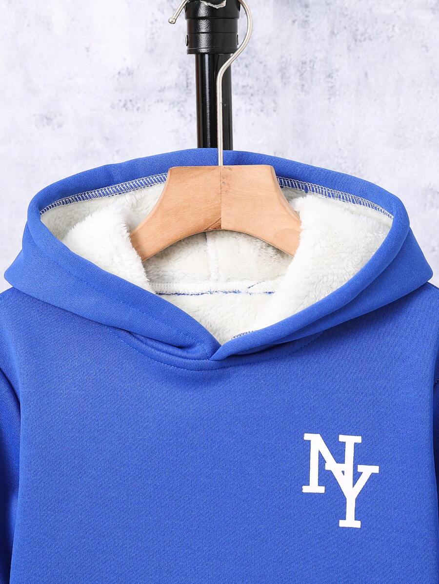 Adolescent Garçon Pantalon De Survêtement & Sweat-shirt À Capuche À Lettres À Poche Kangourou À Doublure Thermique