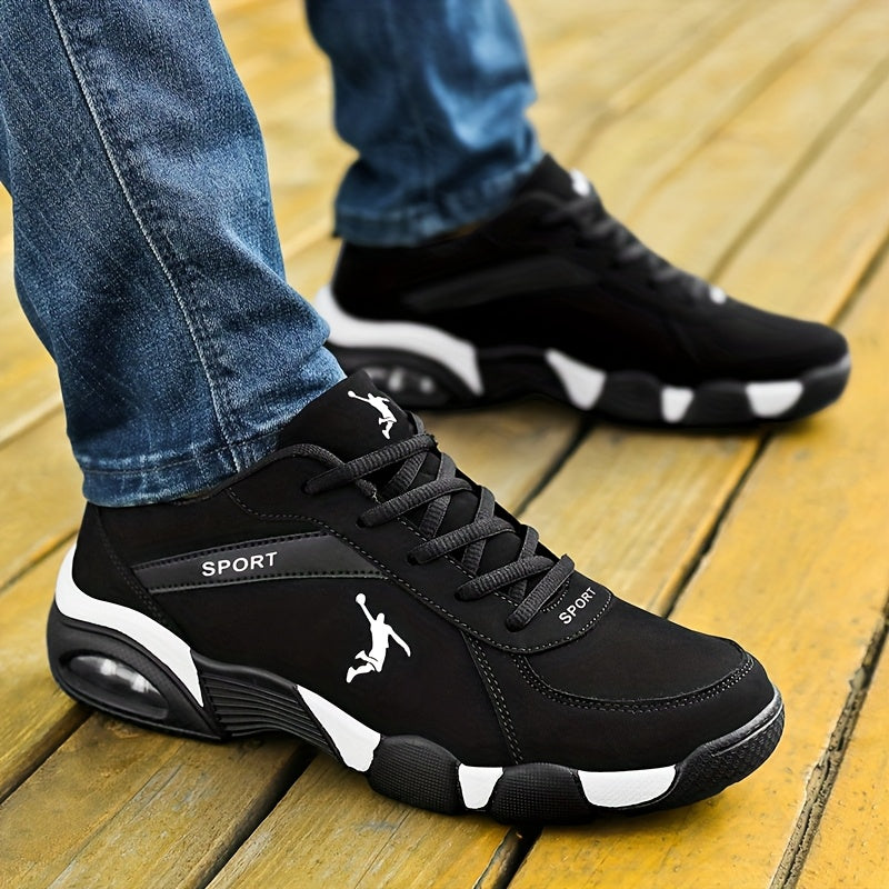 Chaussures de sport homme à coussin d'air - Tissu respirant mesh et PU, design géométrique, fermeture à lacets, couleur noire/blanche, confortables pour course en extérieur, marche et tenue décontractée | Look athlétique | Chaussures ajustées et confortab