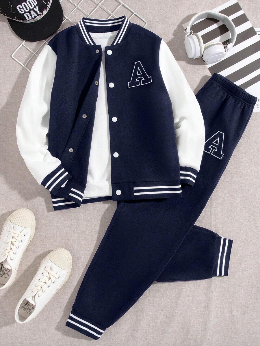 Veste Deux Pièces Pour Garçon Préadolescent Avec Patchs De Lettres Cool Pour L'automne / L'hiver
