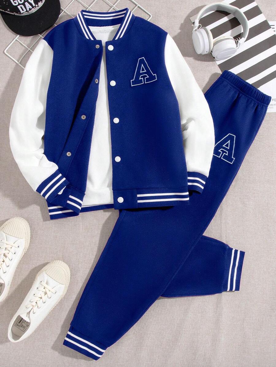 Veste Deux Pièces Pour Garçon Préadolescent Avec Patchs De Lettres Cool Pour L'automne / L'hiver