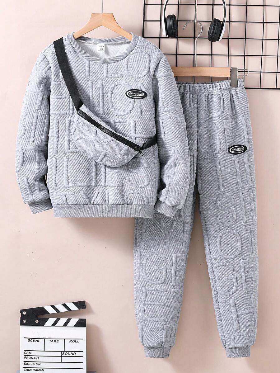 3 pièces/Set Sweat-shirt-shirt texturé avec lettrage, pantalon de survêtement et sac à dos pour pré-adolescents (peuvent être vendus séparément)