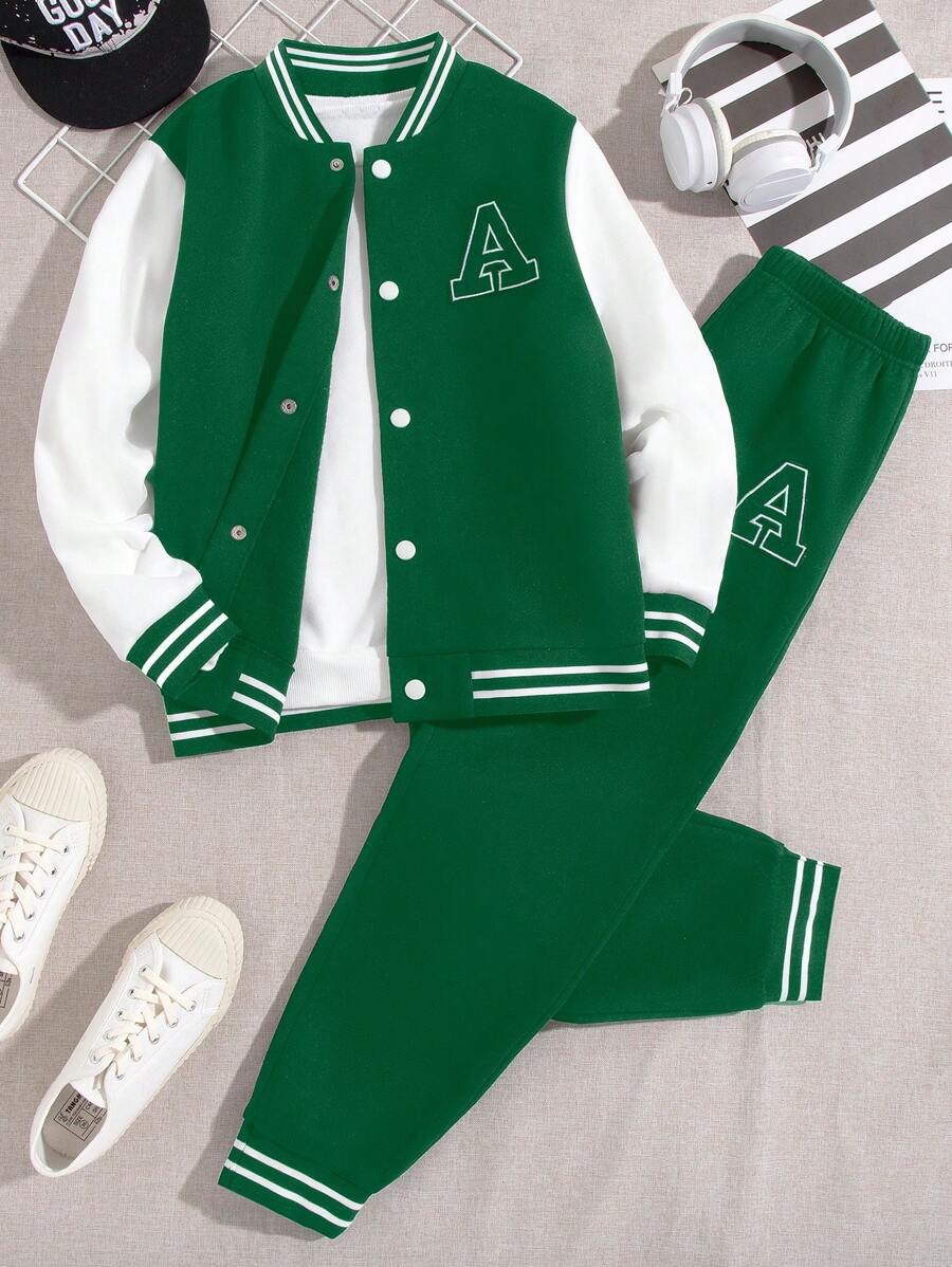 Veste Deux Pièces Pour Garçon Préadolescent Avec Patchs De Lettres Cool Pour L'automne / L'hiver
