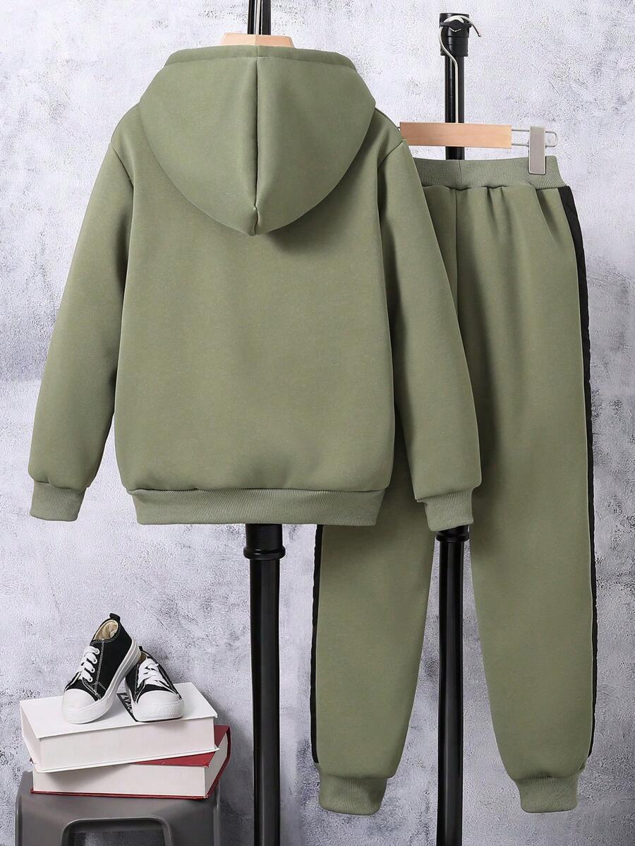 Adolescent Garçon Pantalon De Survêtement & Sweat-shirt À Capuche À Lettres À Poche Kangourou À Doublure Thermique