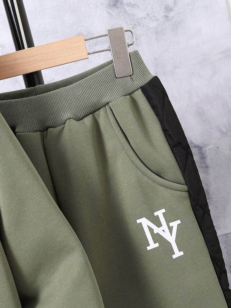 Adolescent Garçon Pantalon De Survêtement & Sweat-shirt À Capuche À Lettres À Poche Kangourou À Doublure Thermique
