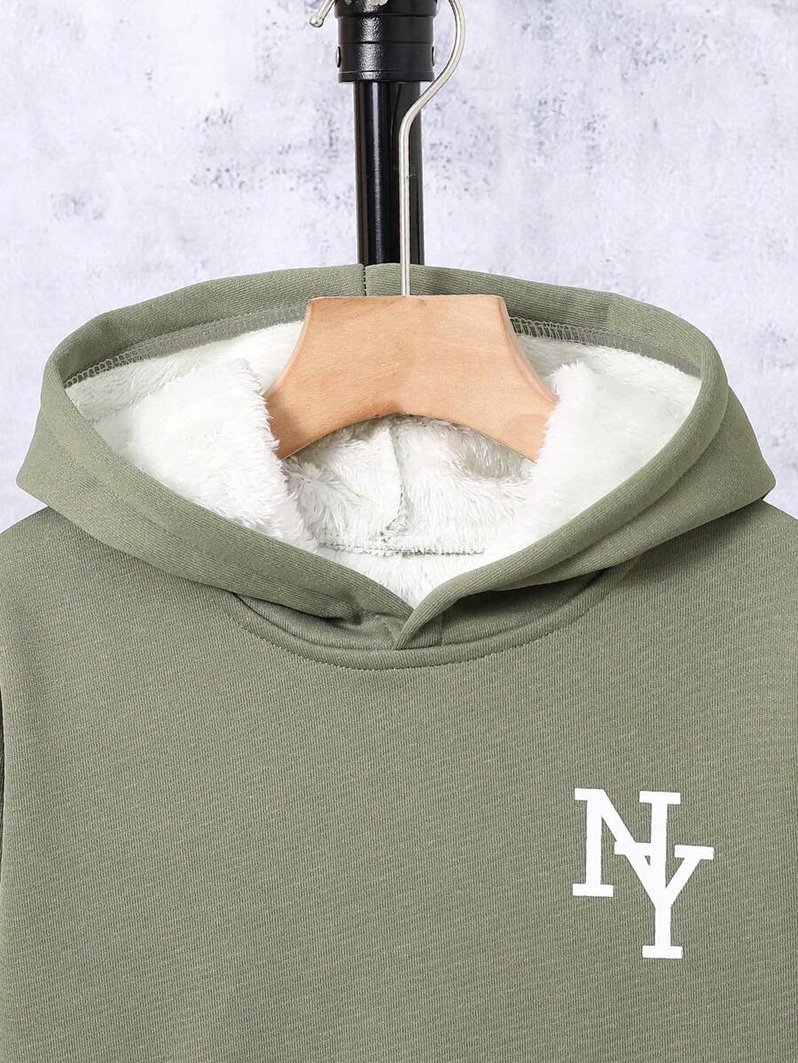 Adolescent Garçon Pantalon De Survêtement & Sweat-shirt À Capuche À Lettres À Poche Kangourou À Doublure Thermique