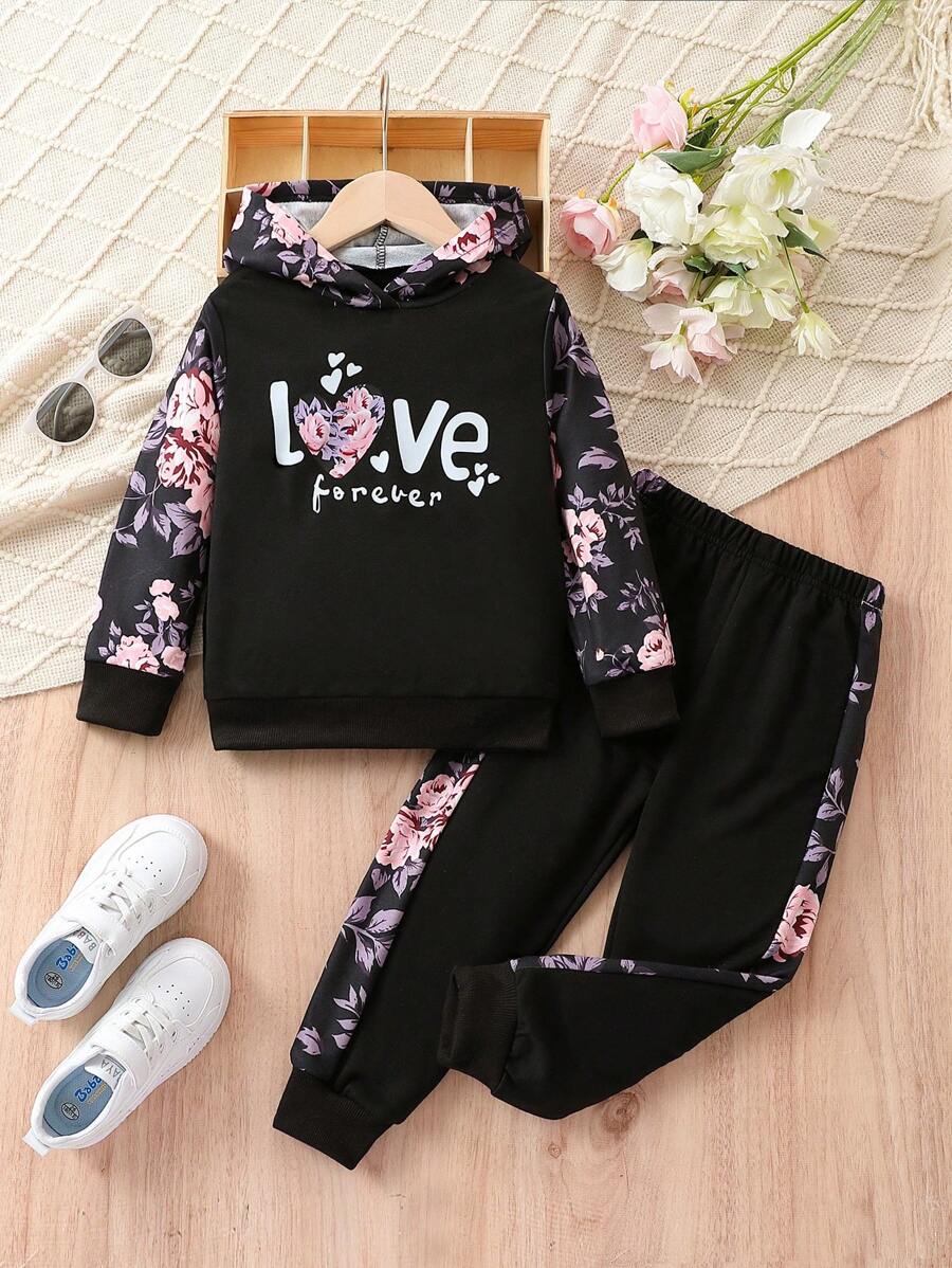 Ensemble de pantalons longs printemps-automne à la mode pour jeune fille, Sweat-shirt à capuche avec dentelle florale et tenue sportive décontractée