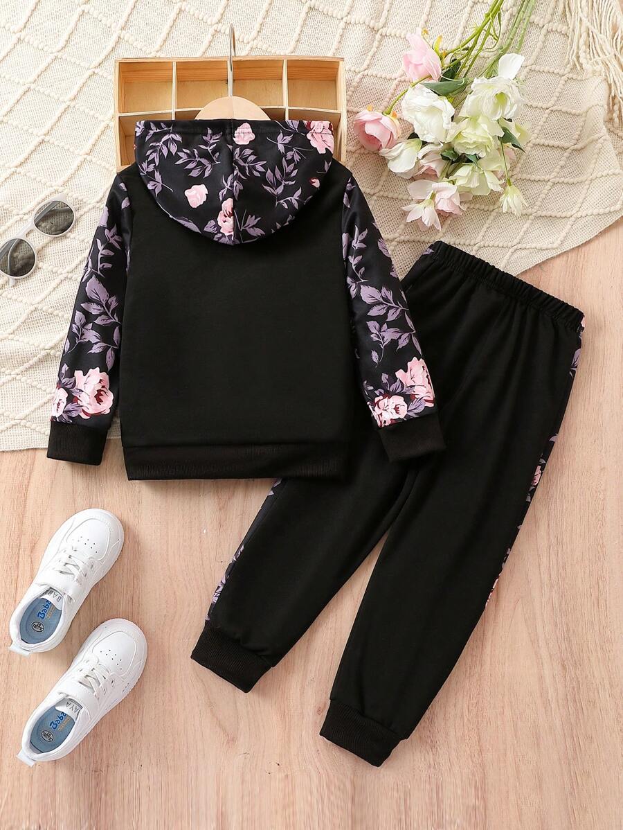 Ensemble de pantalons longs printemps-automne à la mode pour jeune fille, Sweat-shirt à capuche avec dentelle florale et tenue sportive décontractée