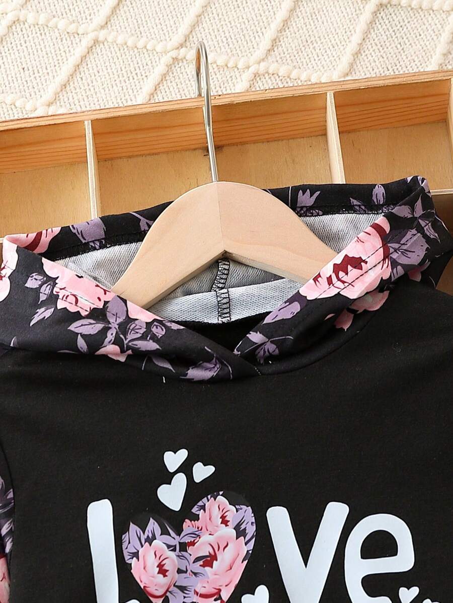 Ensemble de pantalons longs printemps-automne à la mode pour jeune fille, Sweat-shirt à capuche avec dentelle florale et tenue sportive décontractée