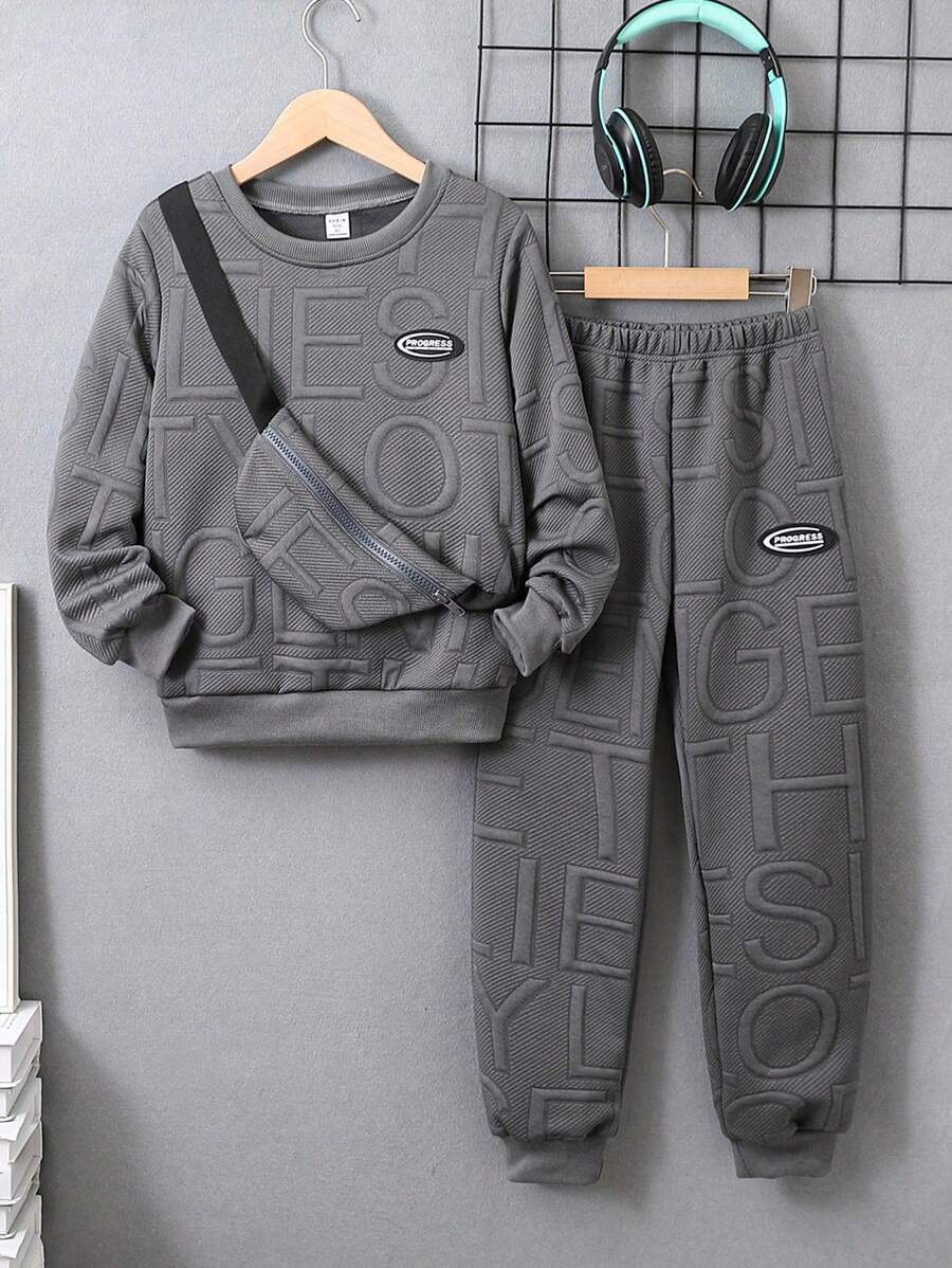 3 pièces/Set Sweat-shirt-shirt texturé avec lettrage, pantalon de survêtement et sac à dos pour pré-adolescents (peuvent être vendus séparément)