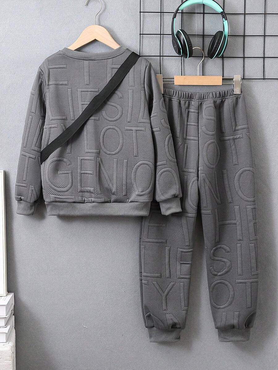 3 pièces/Set Sweat-shirt-shirt texturé avec lettrage, pantalon de survêtement et sac à dos pour pré-adolescents (peuvent être vendus séparément)