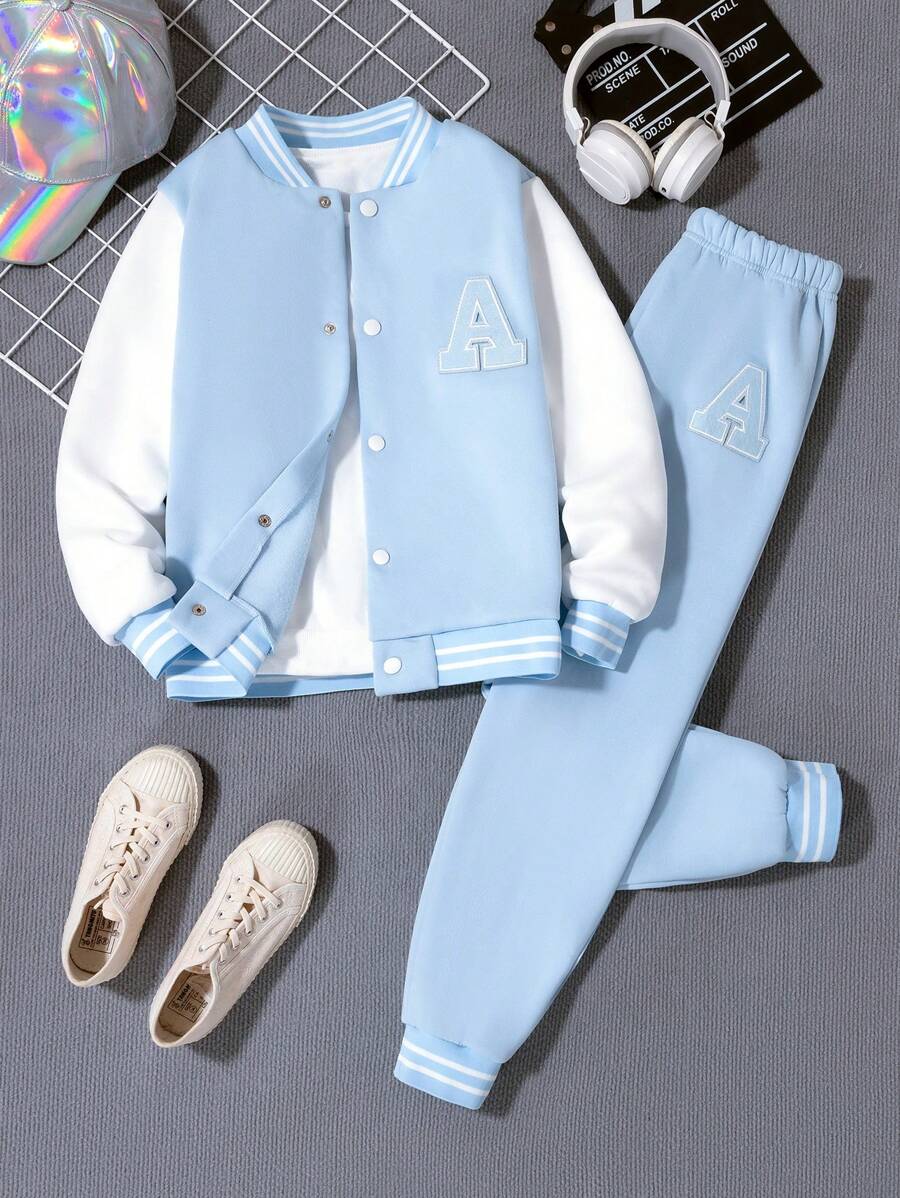 Veste Deux Pièces Pour Garçon Préadolescent Avec Patchs De Lettres Cool Pour L'automne / L'hiver