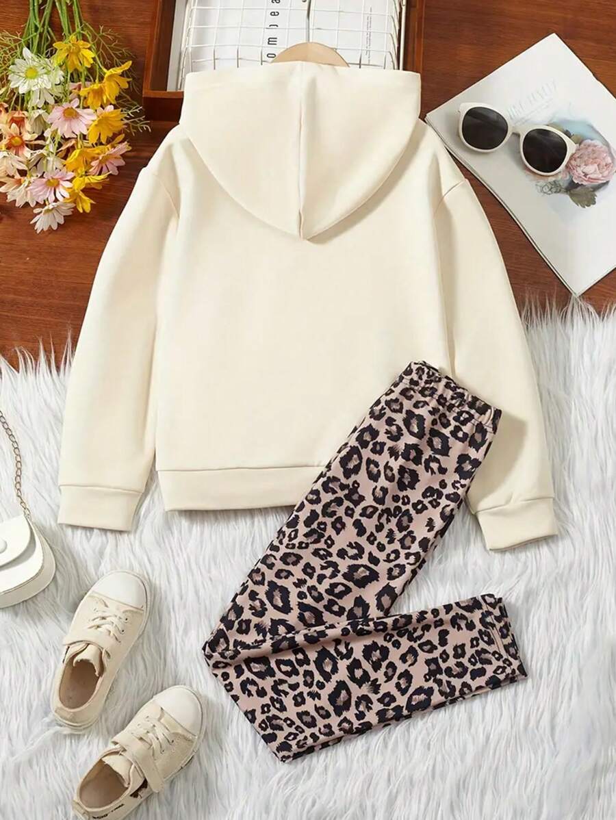 Ensemble 2 pièces Sweat-shirt à capuche imprimé lettre casual et pantalon léopard pour jeune fille, adapté pour le printemps et l'automne