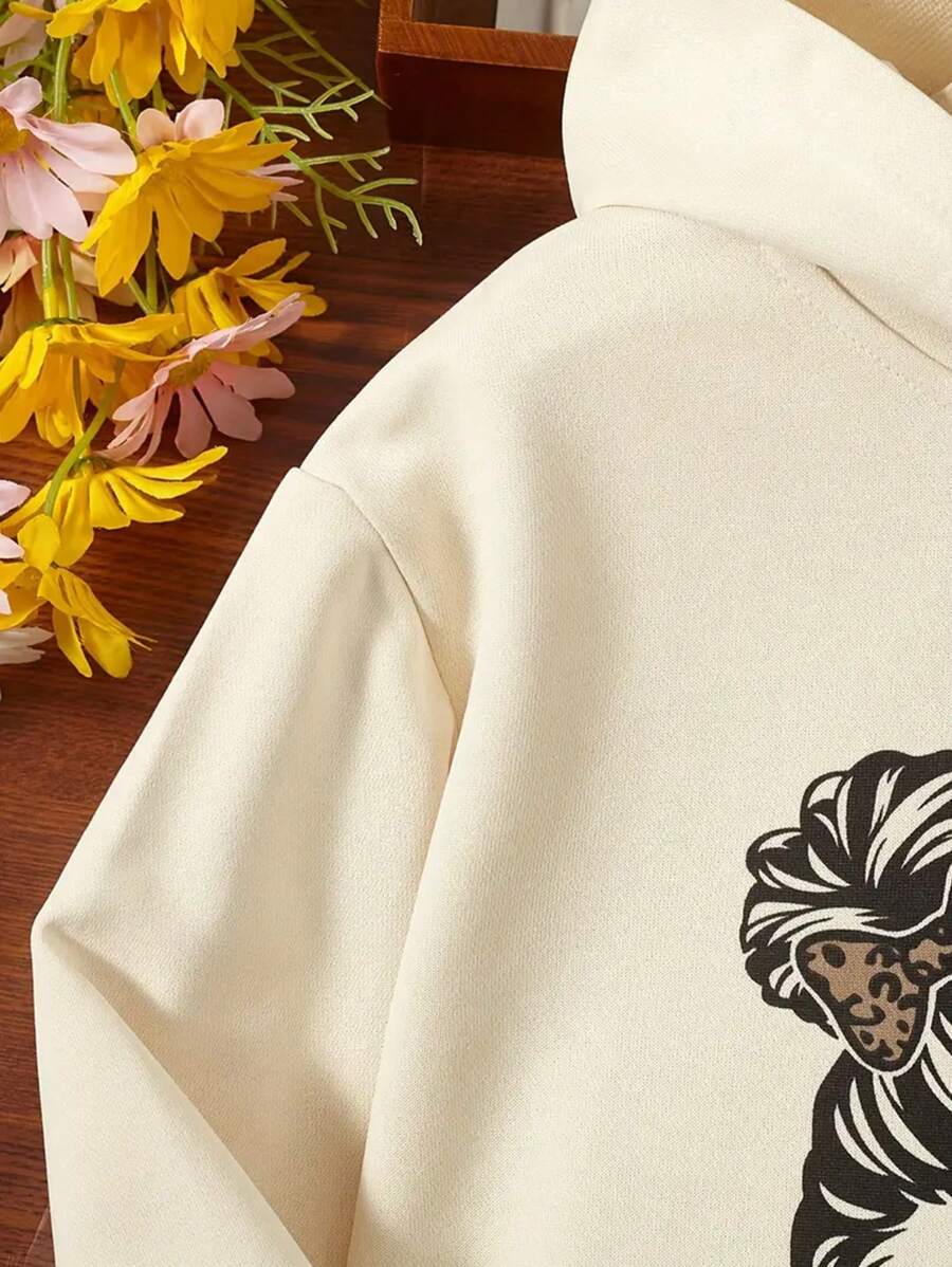 Ensemble 2 pièces Sweat-shirt à capuche imprimé lettre casual et pantalon léopard pour jeune fille, adapté pour le printemps et l'automne