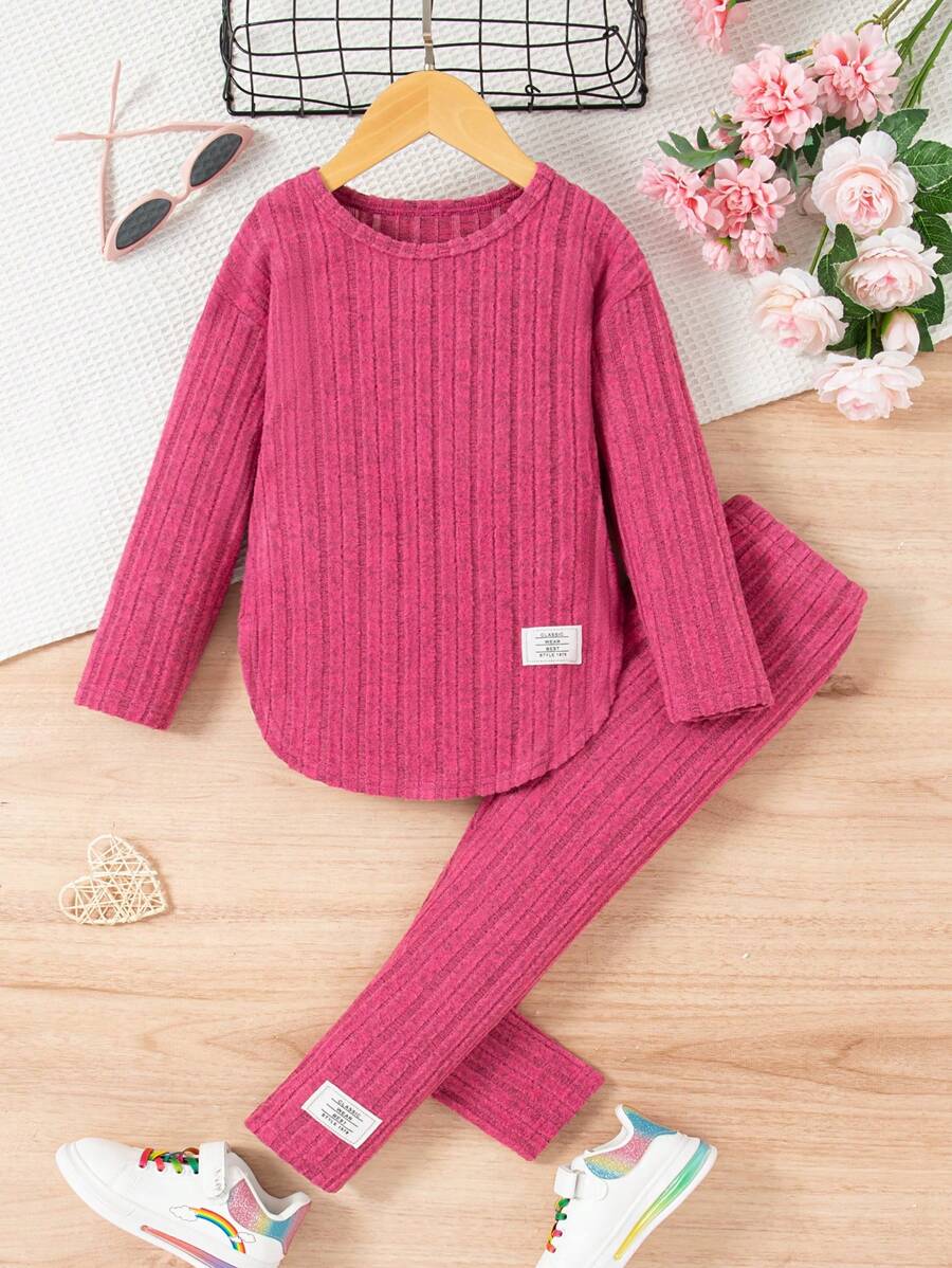 Ensemble chemise à manches longues et pantalon côtelés unicolore, simple, pour jeune fille