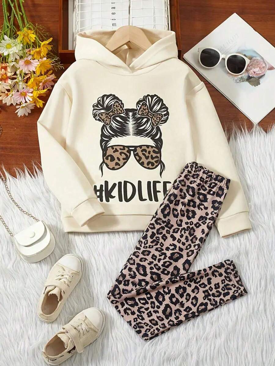 Ensemble 2 pièces Sweat-shirt à capuche imprimé lettre casual et pantalon léopard pour jeune fille, adapté pour le printemps et l'automne