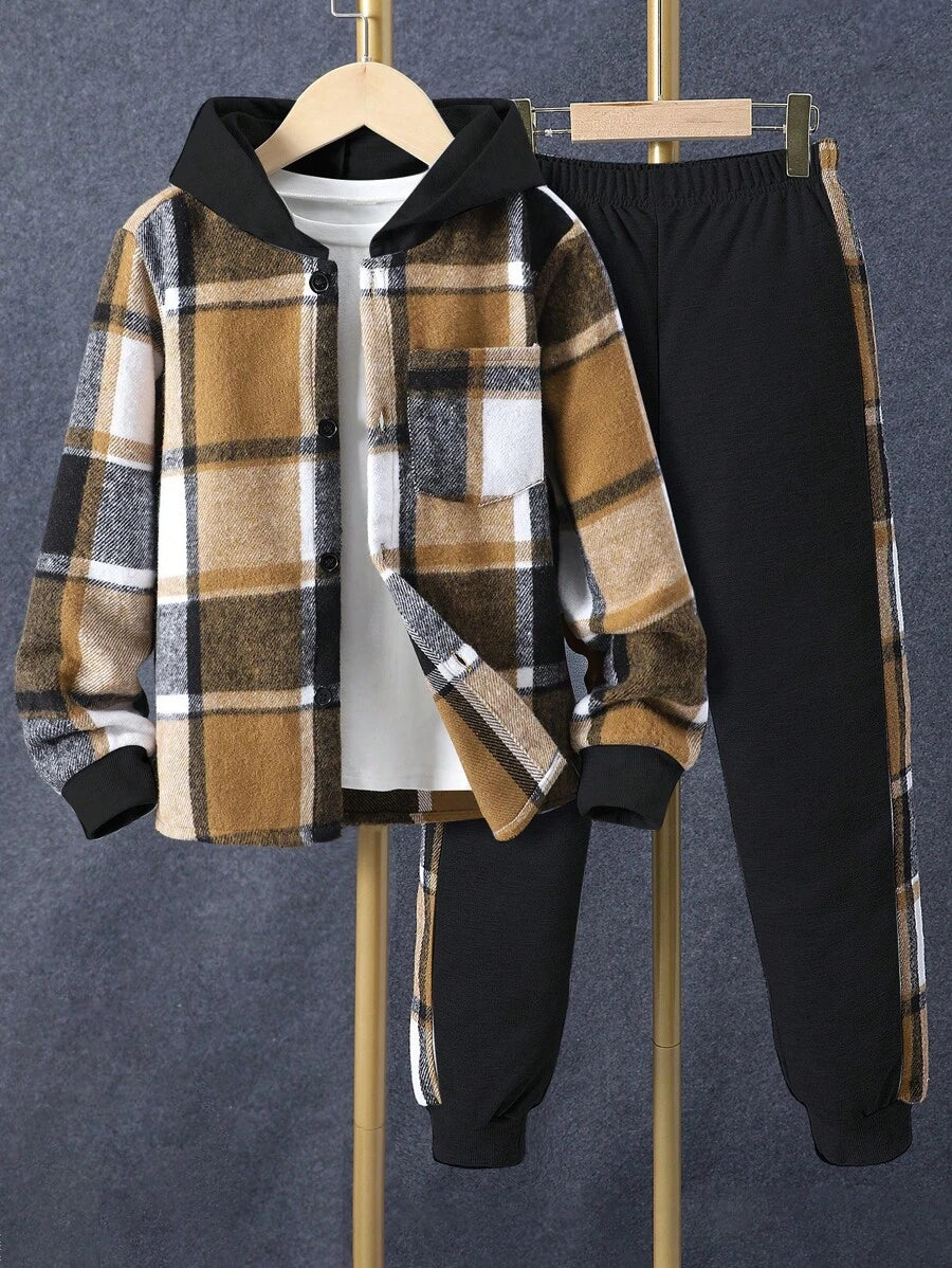 1 pièce Chemise à capuche boutonnée à carreaux pour garçon adolescent et 1 pièce Pantalon de survêtement
