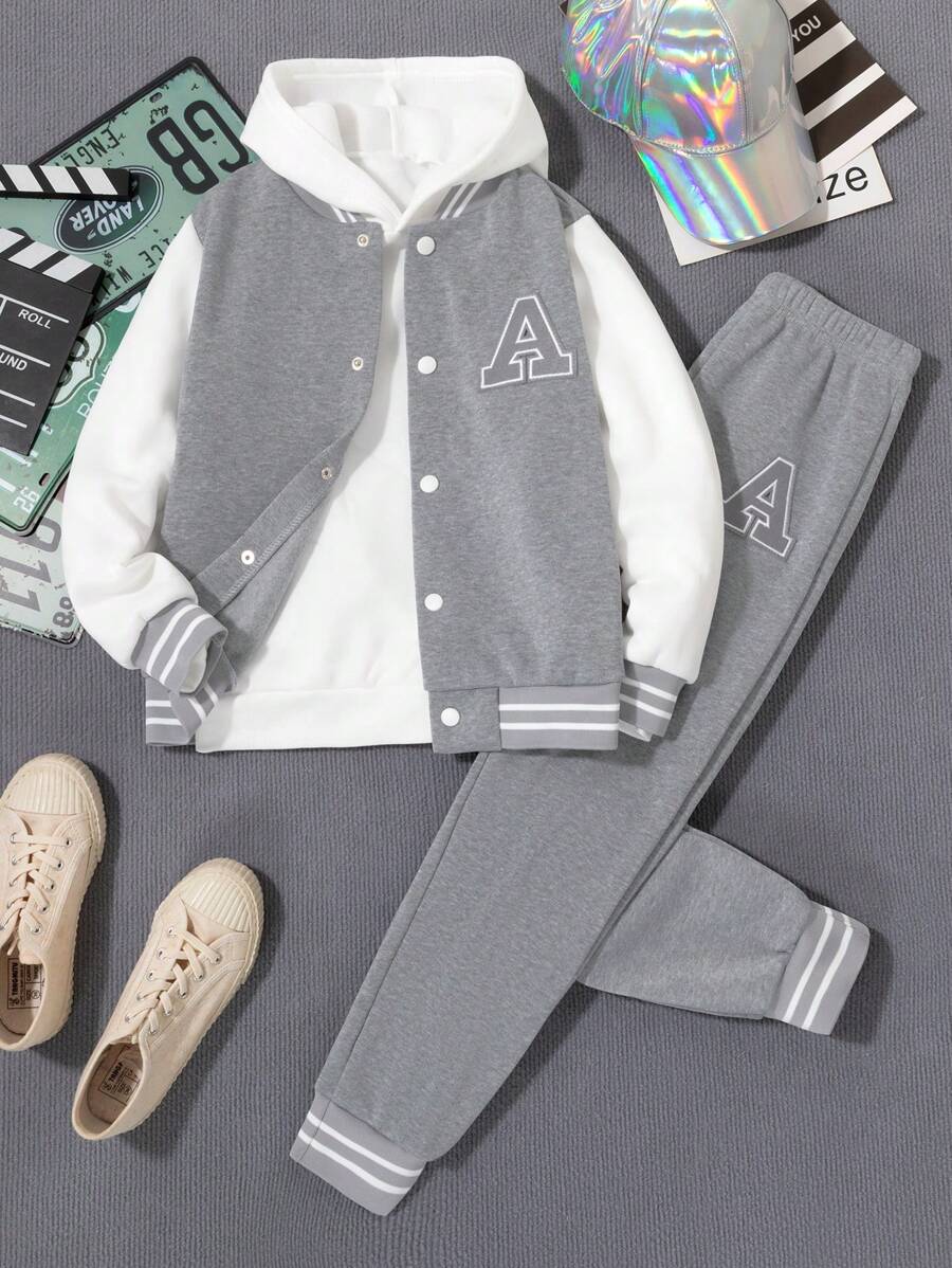 Veste Deux Pièces Pour Garçon Préadolescent Avec Patchs De Lettres Cool Pour L'automne / L'hiver