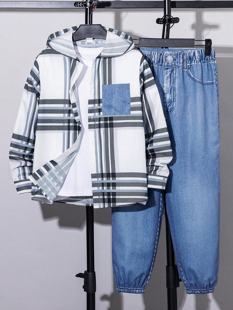 2 pièces Ensemble chemise à capuche décontractée à carreaux et à bloc de couleur avec poche pour jeune garçon et pantalon à taille élastique effet jean pour les saisons d'automne et de printemps. Convient pour les jeux en extérieur, l'école, la rue,