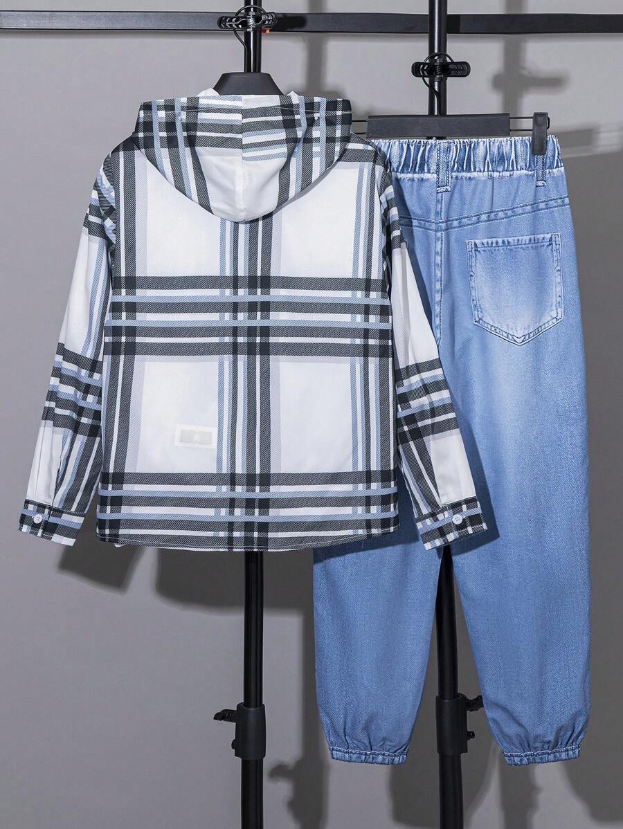 2 pièces Ensemble chemise à capuche décontractée à carreaux et à bloc de couleur avec poche pour jeune garçon et pantalon à taille élastique effet jean pour les saisons d'automne et de printemps. Convient pour les jeux en extérieur, l'école, la rue,