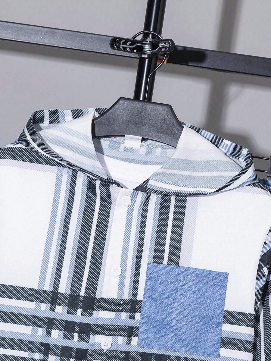 2 pièces Ensemble chemise à capuche décontractée à carreaux et à bloc de couleur avec poche pour jeune garçon et pantalon à taille élastique effet jean pour les saisons d'automne et de printemps. Convient pour les jeux en extérieur, l'école, la rue,