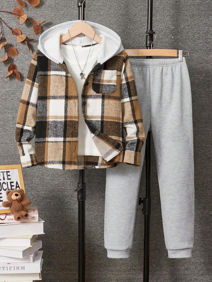 2 pièces Ensemble veste à capuche en peluche à carreaux décontractée et pantalon de jogging pour garçons adolescents