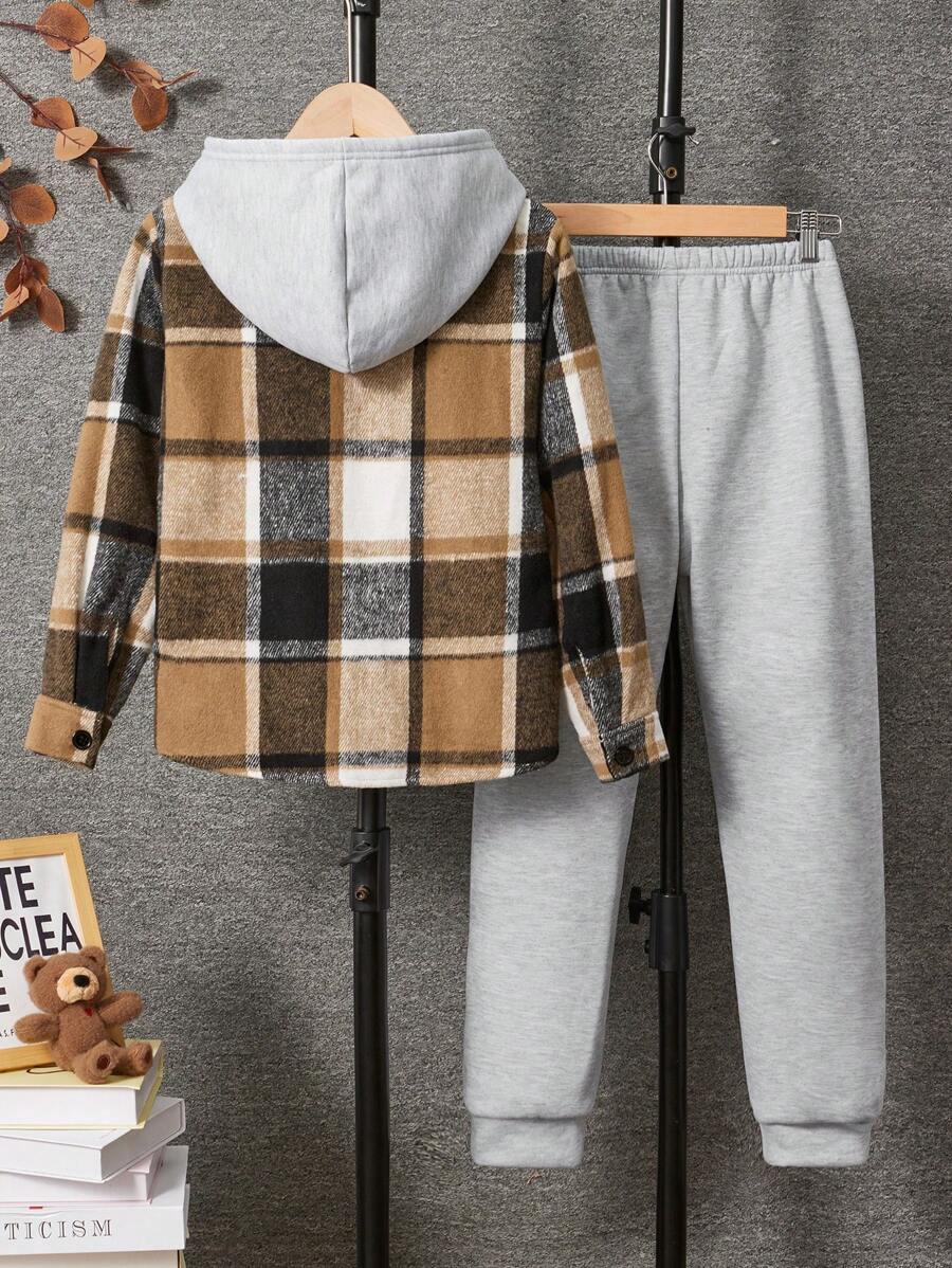 2 pièces Ensemble veste à capuche en peluche à carreaux décontractée et pantalon de jogging pour garçons adolescents