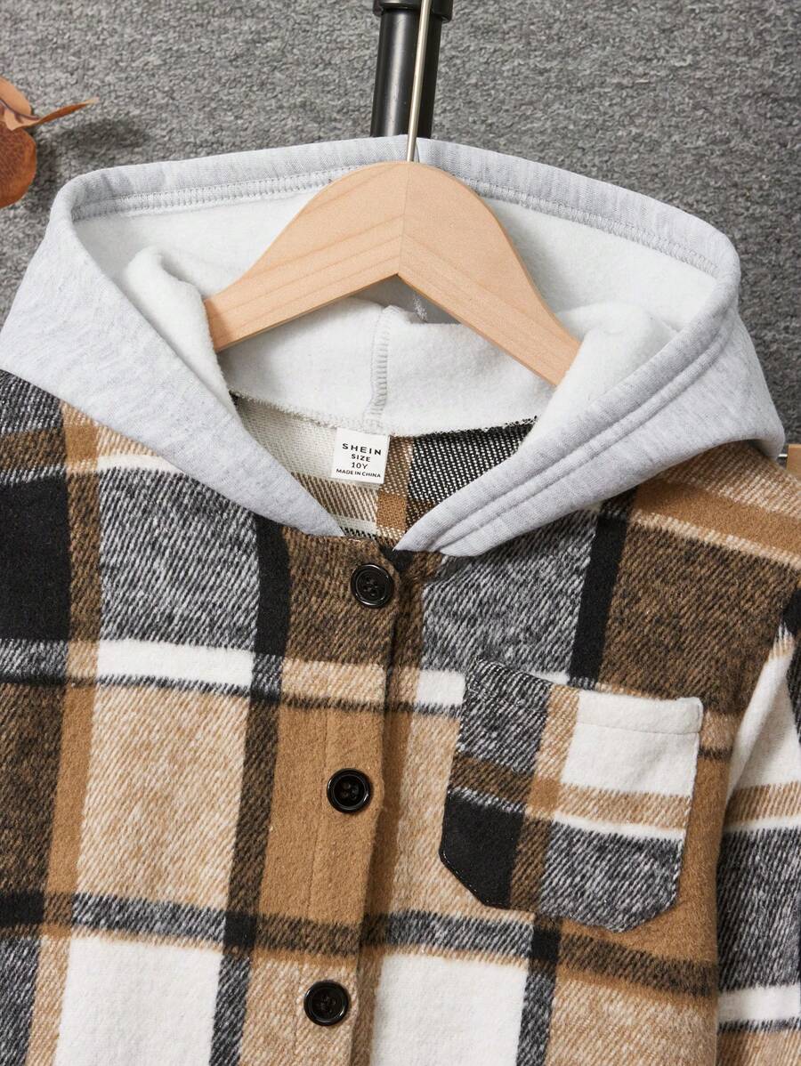 2 pièces Ensemble veste à capuche en peluche à carreaux décontractée et pantalon de jogging pour garçons adolescents