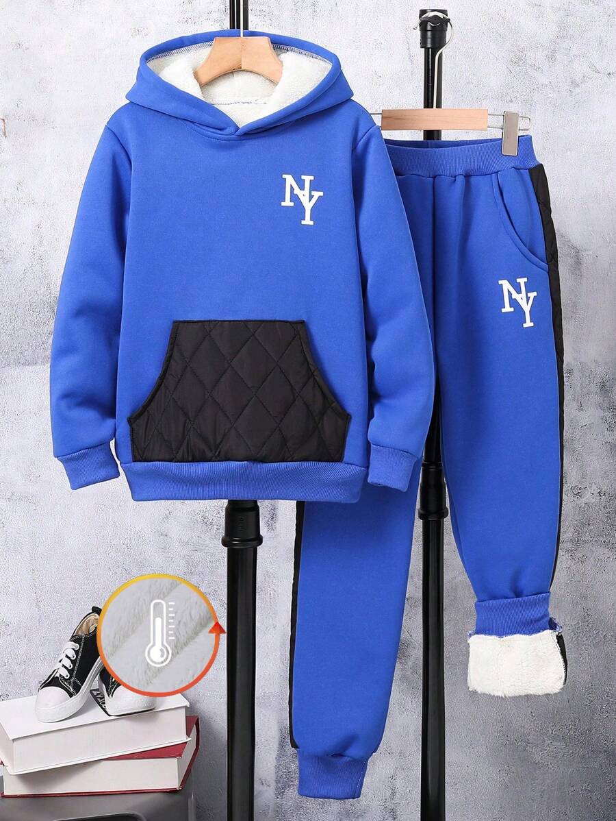 Adolescent Garçon Pantalon De Survêtement & Sweat-shirt À Capuche À Lettres À Poche Kangourou À Doublure Thermique