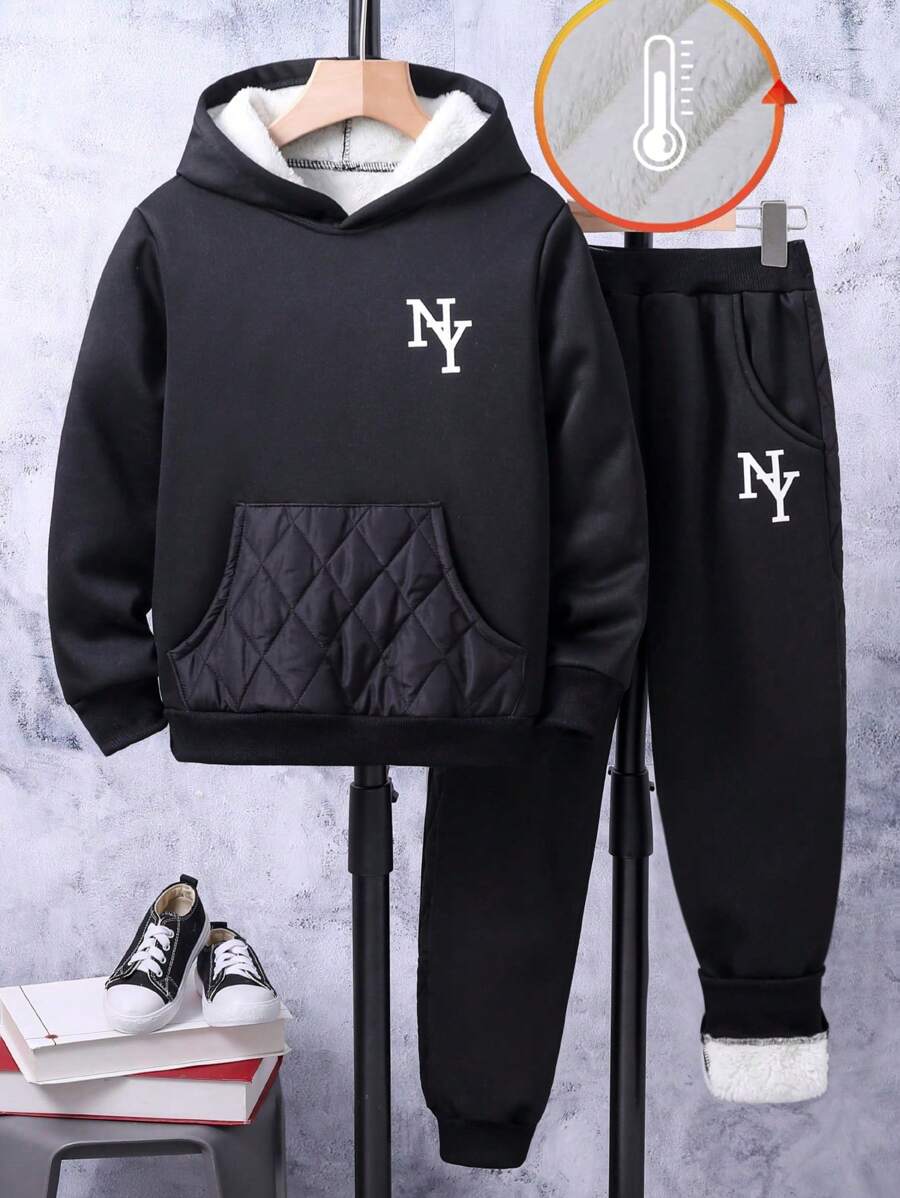 Adolescent Garçon Pantalon De Survêtement & Sweat-shirt À Capuche À Lettres À Poche Kangourou À Doublure Thermique