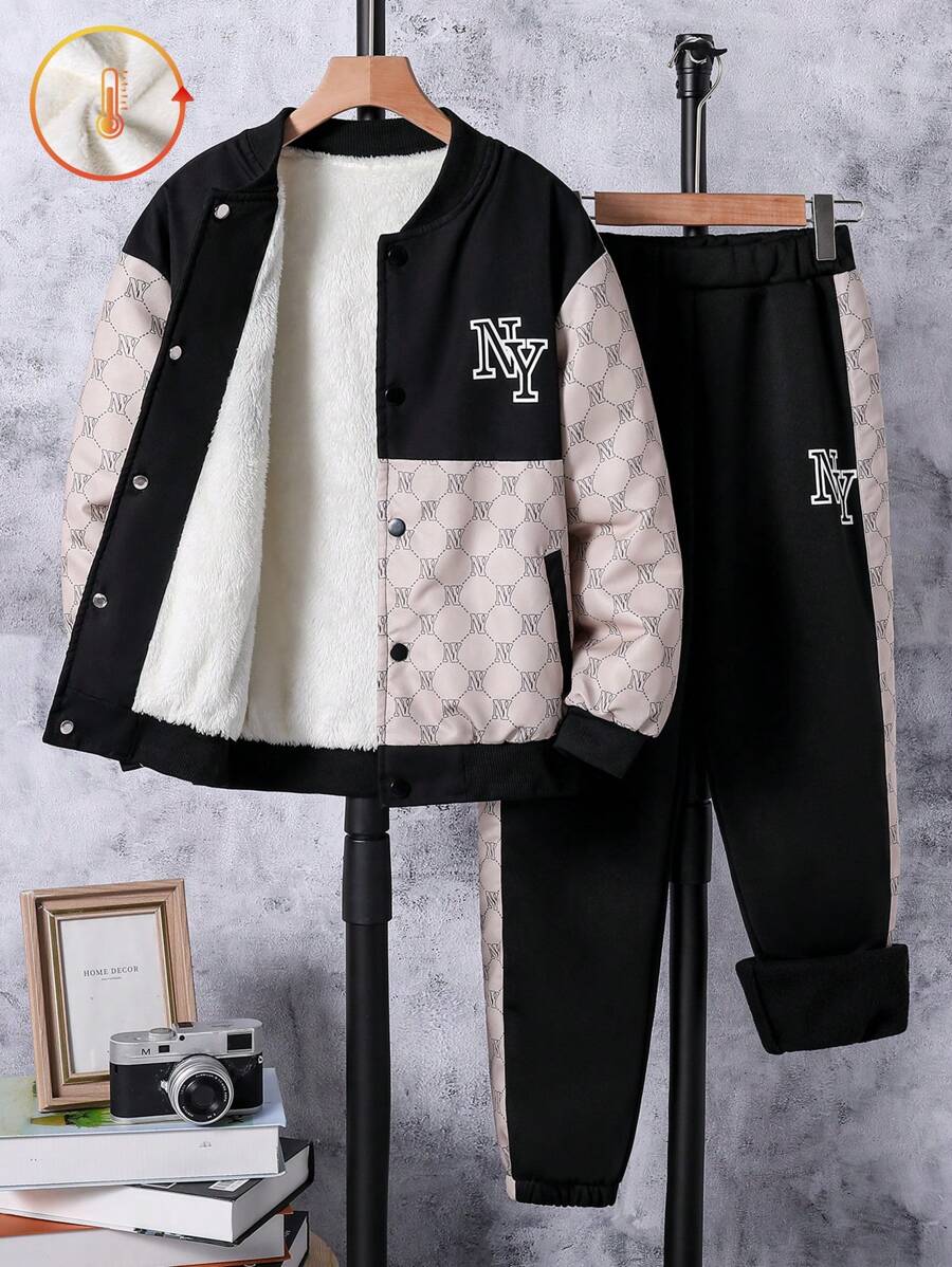 2 pièces/Set Veste à imprimé et pantalon long casual pour garçon préadolescent
