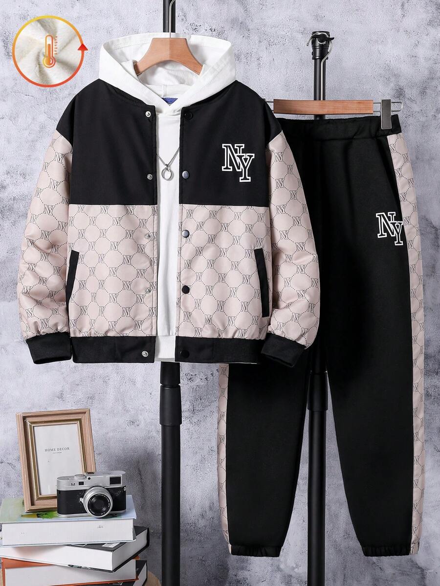 2 pièces/Set Veste à imprimé et pantalon long casual pour garçon préadolescent