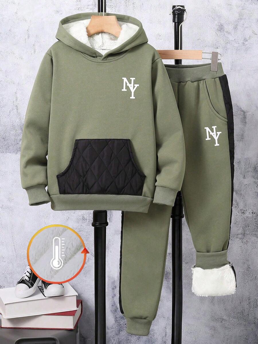 Adolescent Garçon Pantalon De Survêtement & Sweat-shirt À Capuche À Lettres À Poche Kangourou À Doublure Thermique